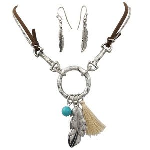Feather Tassel Horse Bit Necklace Earrings Set